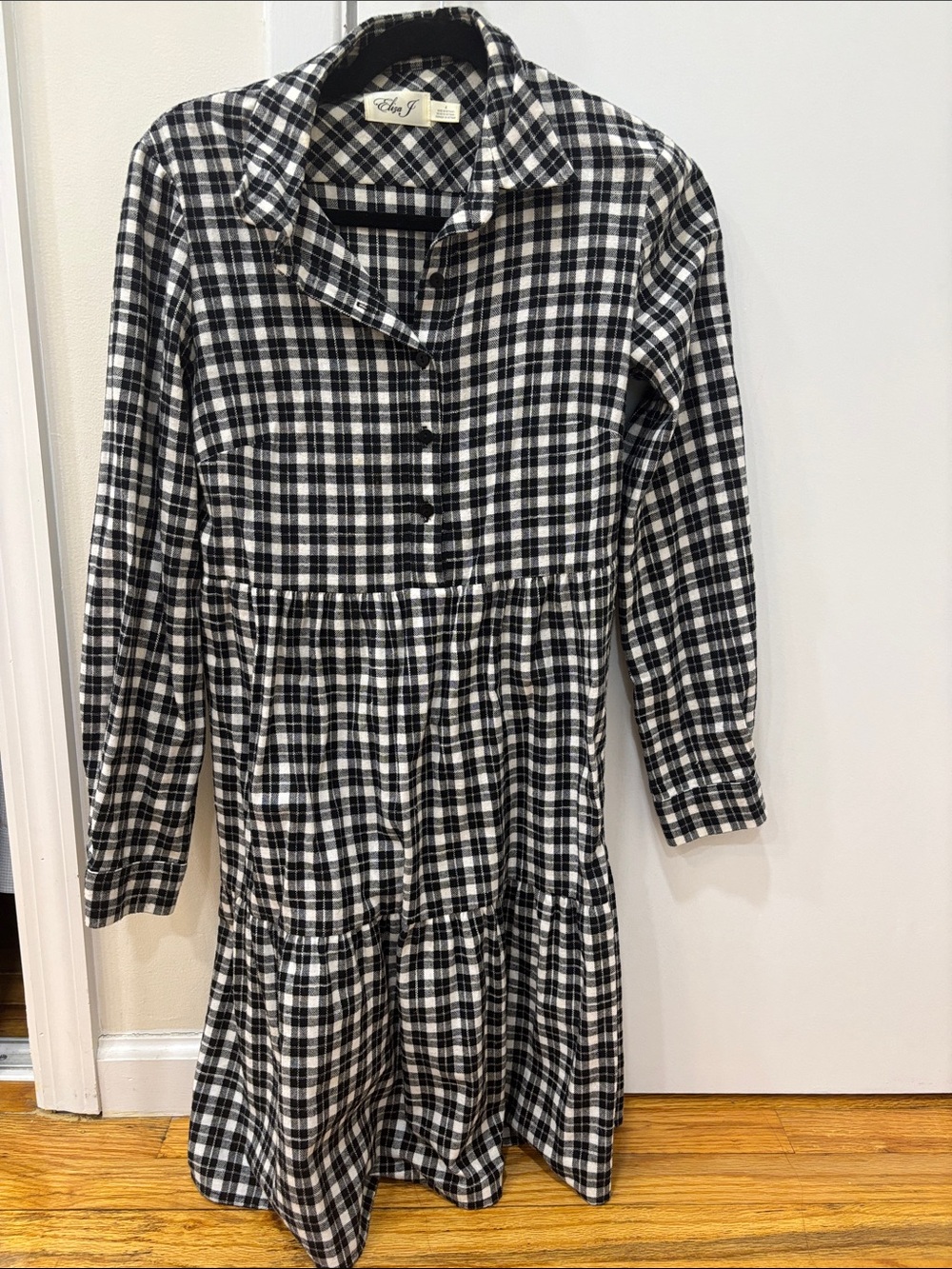 Eliza J Black and White Plaid Long Sleeve Dress